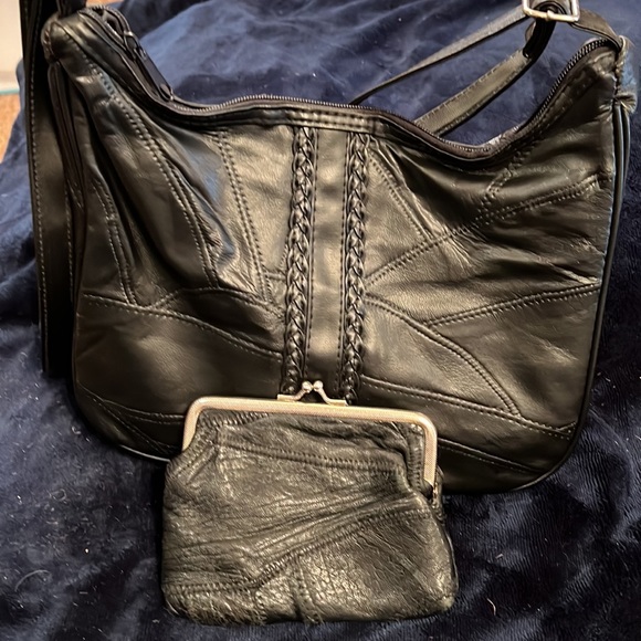 BLACK LEATHER PATCHWORK PURSE WITH MATCHING COIN PURSE - Picture 1 of 13